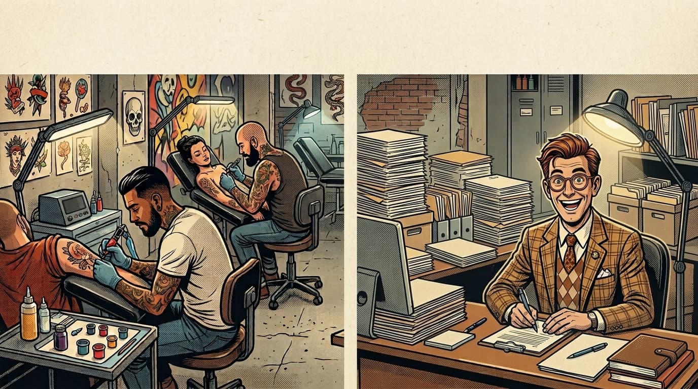 Two panels. On the left, tattoo artists at work in a busy shop. On the right, Norman, smiling at his desk among stacks of paperwork, handling it all.